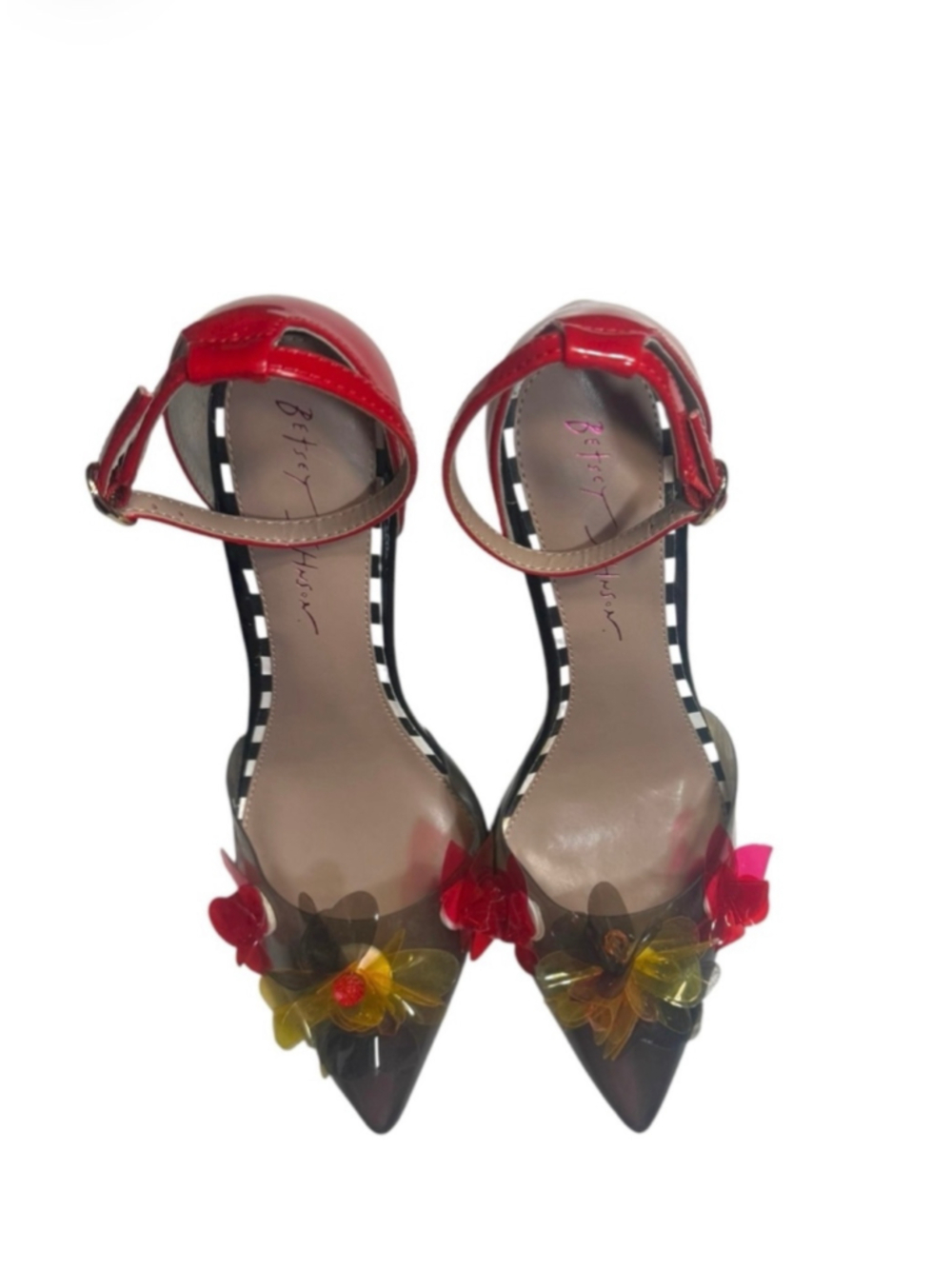 Women's Betsey Johnson Heels Red Black Floral Ankle Strap Pumps Size 10 - Picture 6 of 7